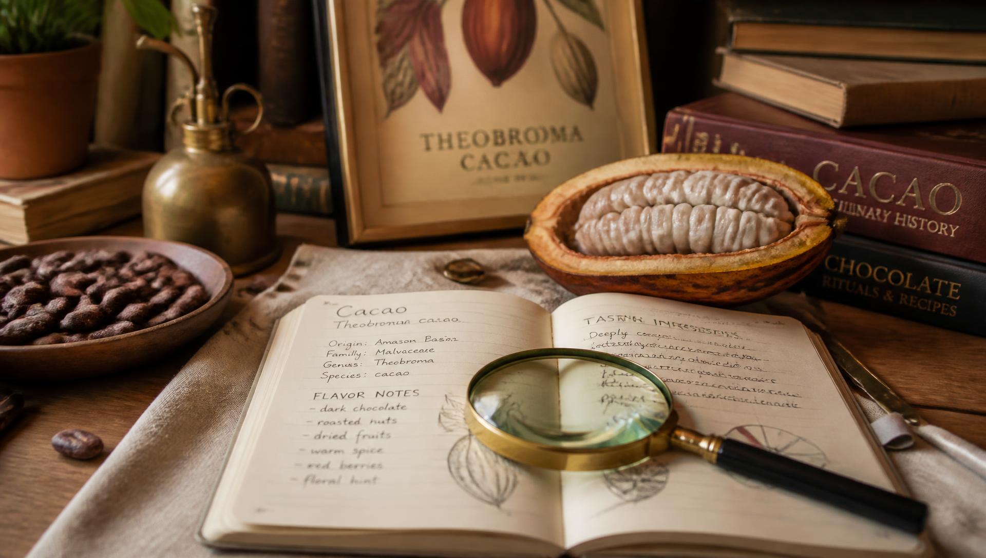 Mesa de estudio con una mazorca de cacao abierta, granos secos y un cuaderno con notas de cata
