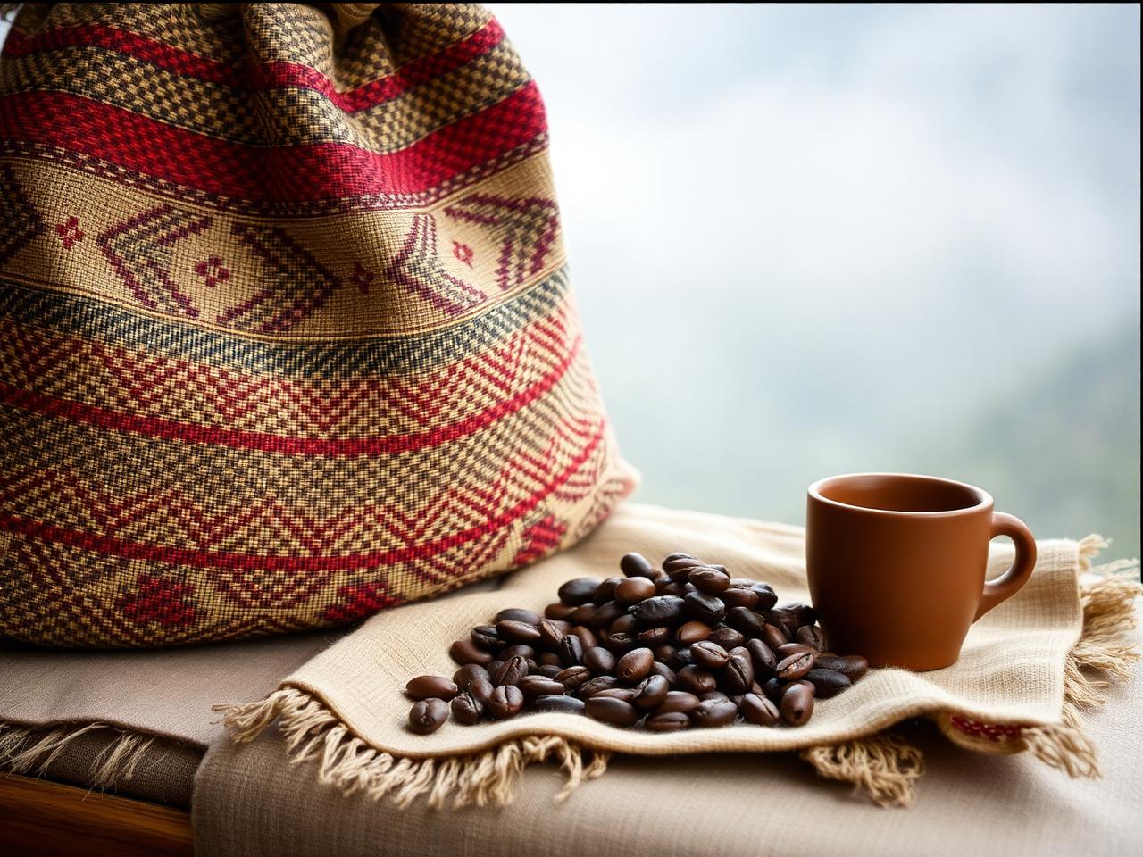 Mochila tejida tradicional junto a granos de cacao y una taza de barro