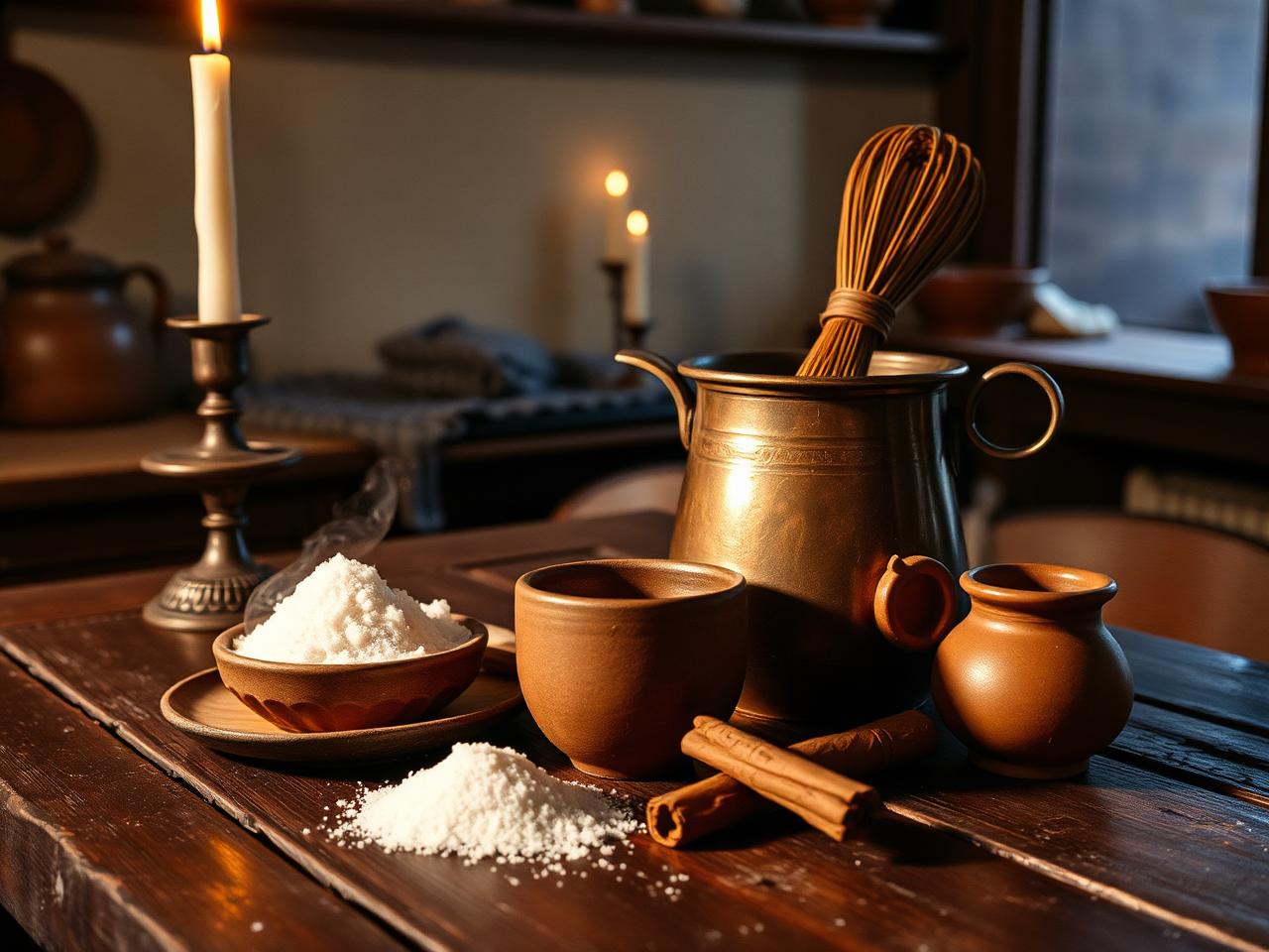 Chocolatera de cobre con molinillo, taza de barro, azúcar y canela sobre una mesa colonial