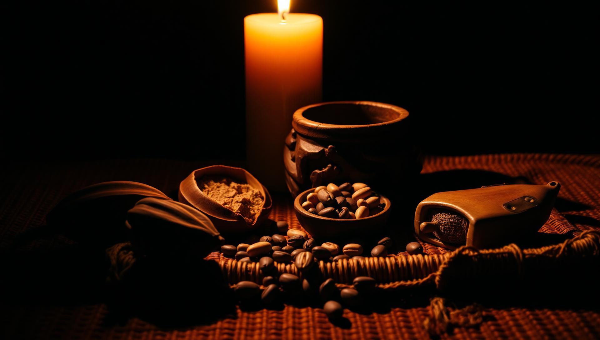 Objetos tradicionales y granos de cacao iluminados por una vela