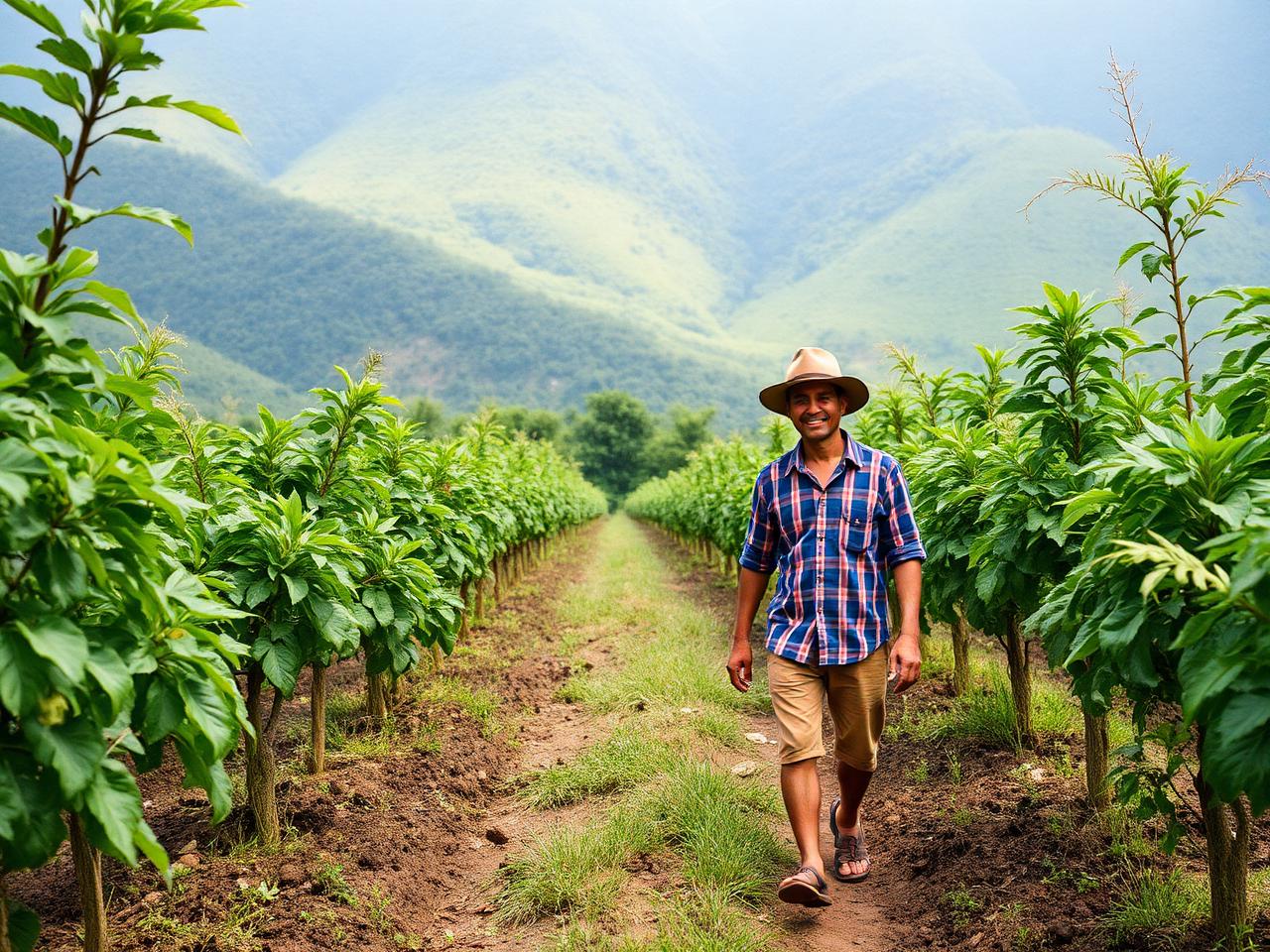 Productor caminando por un cultivo joven de cacao con montañas verdes al fondo