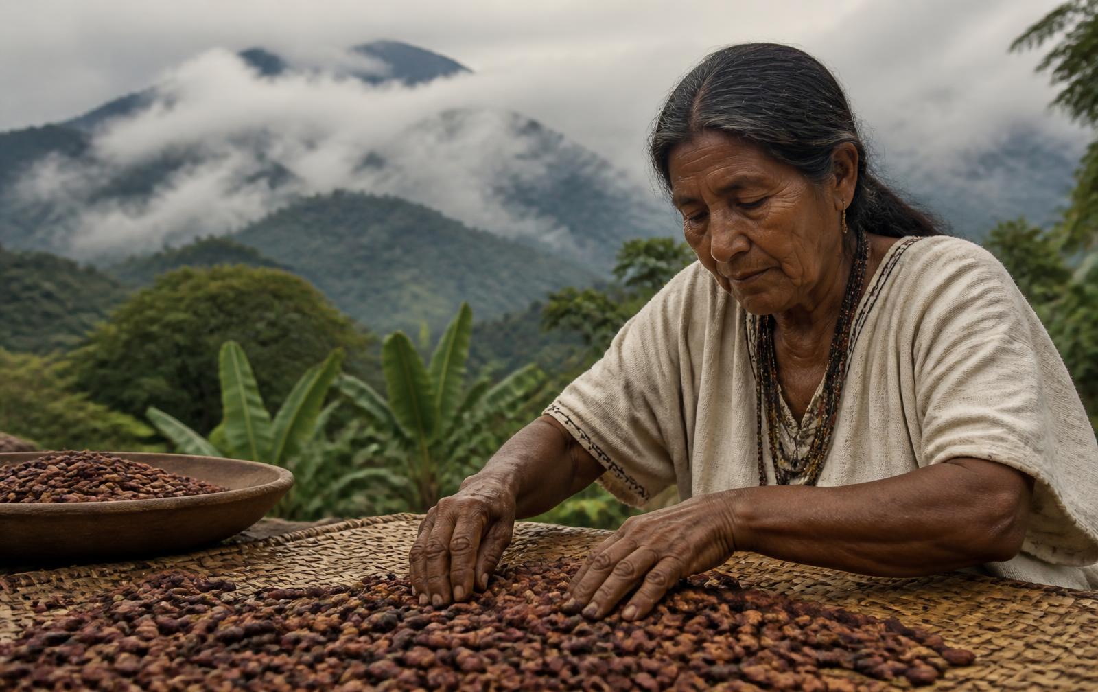 Mujer arhuaca seleccionando granos de cacao fermentados frente a la Sierra Nevada