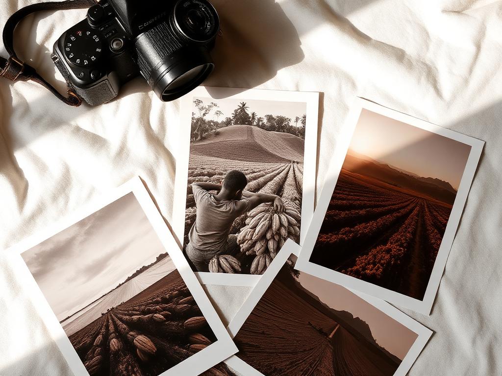 Fotografías impresas de fincas cacaoteras sobre lino color crema