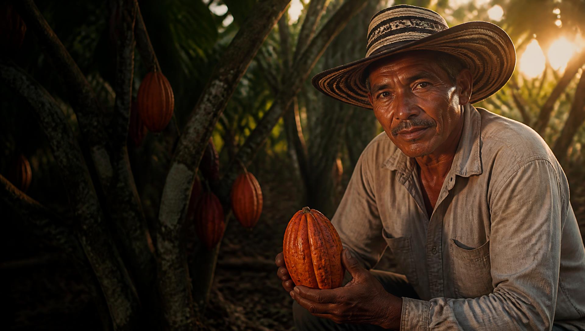 Productor colombiano de cacao sosteniendo una mazorca madura entre los árboles al atardecer
