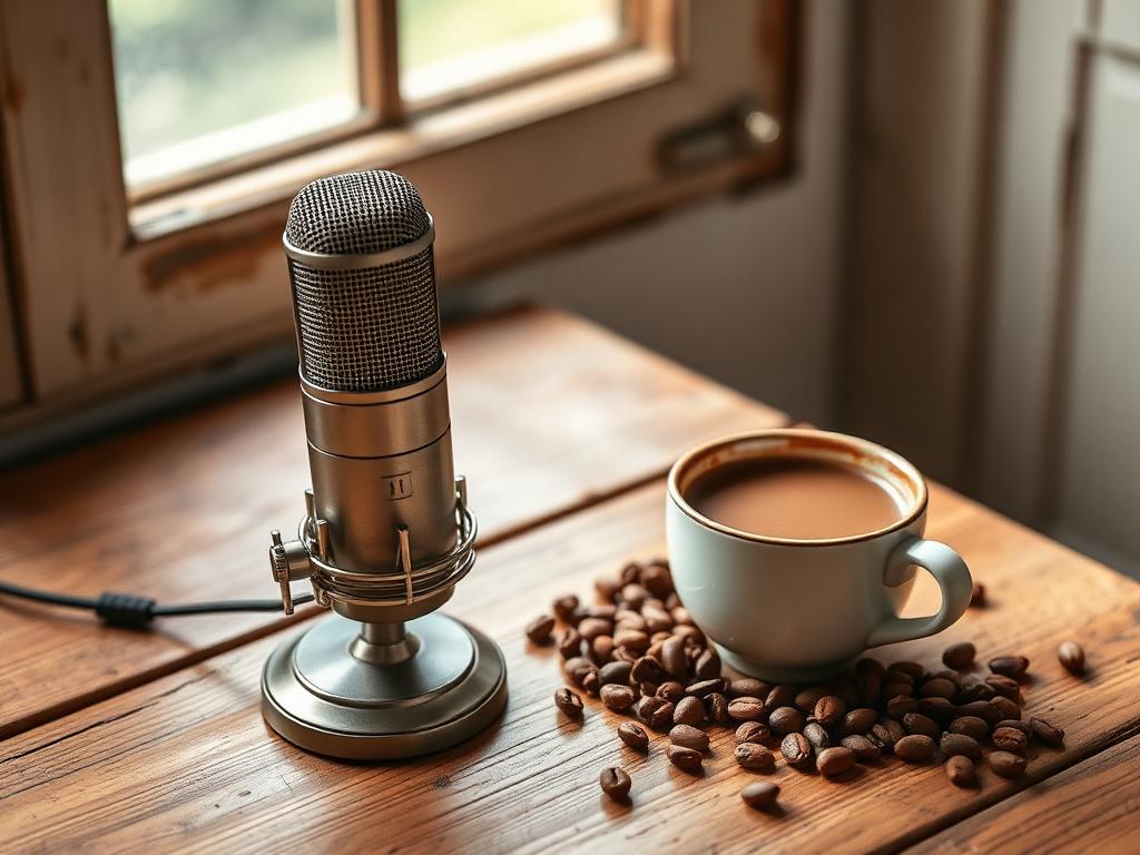 Micrófono sobre una mesa de madera junto a una taza de cacao