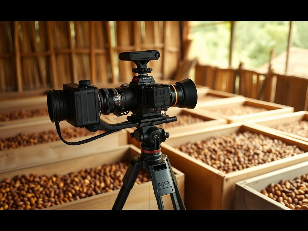 Cámara de cine filmando cajones de fermentación de cacao