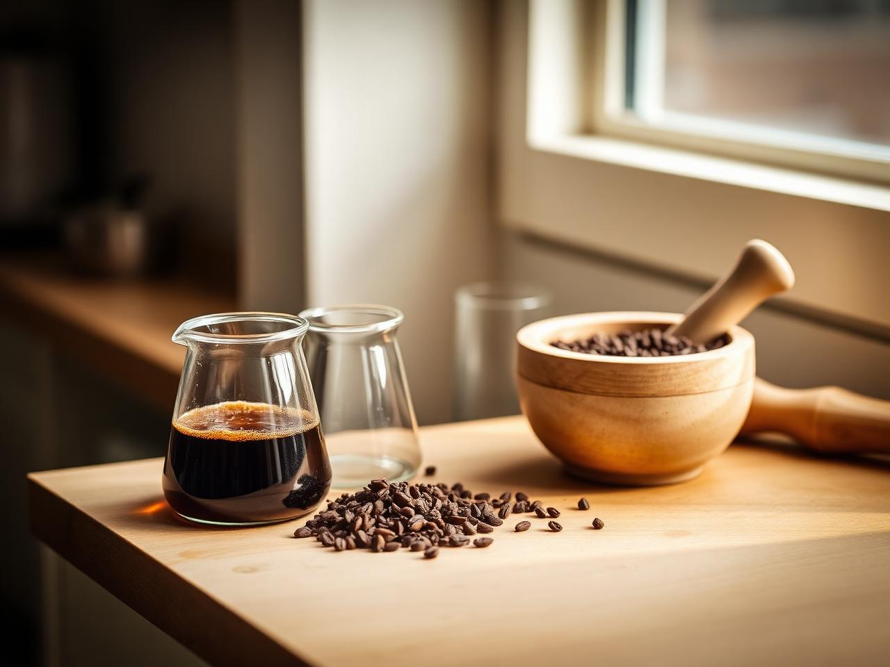 Mortero con nibs machacados y probetas con infusión de cacao