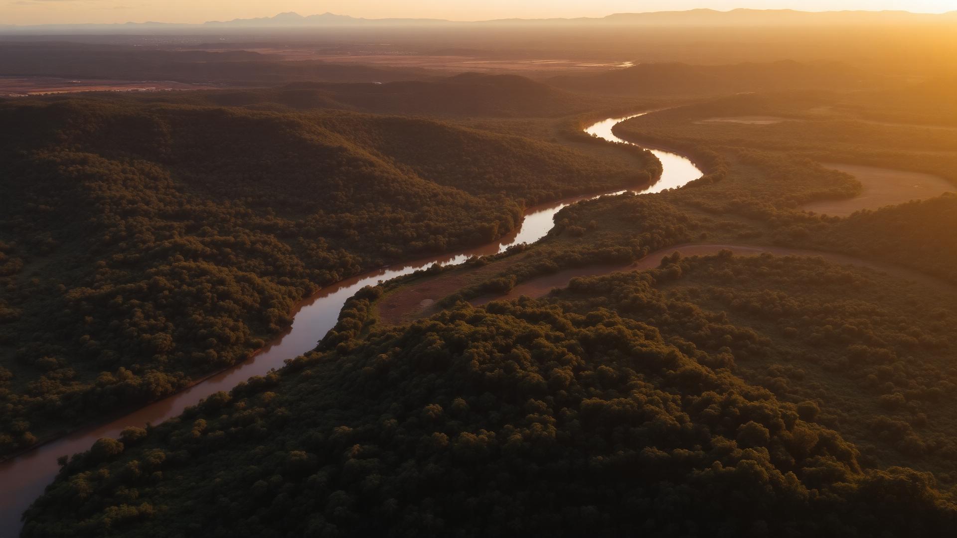 Paisaje de una región cacaotera de Colombia al atardecer, con árboles de cacao bajo sombra