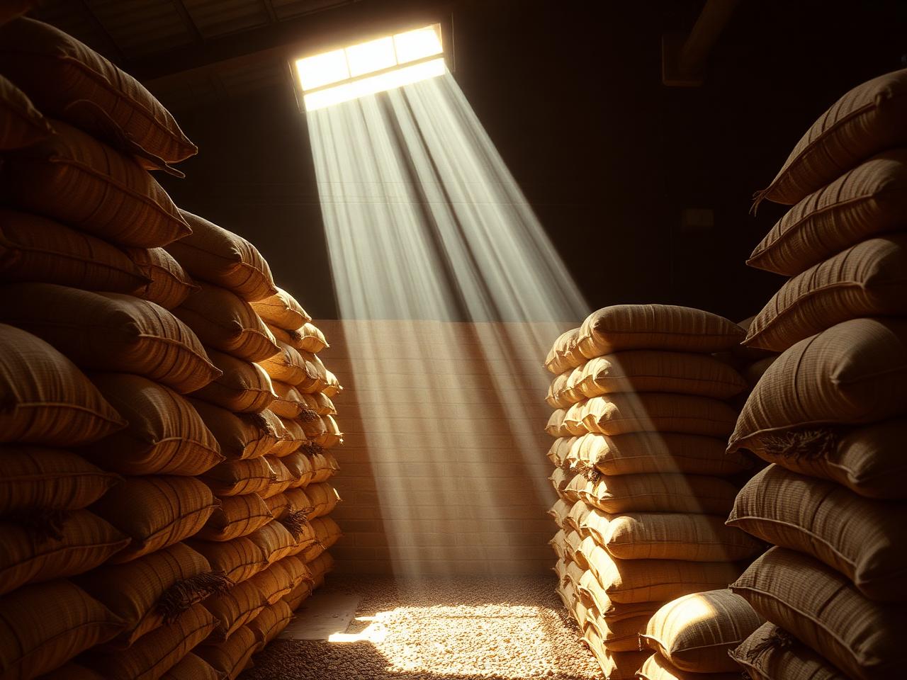 Sacos de yute con granos de cacao apilados en una bodega ventilada