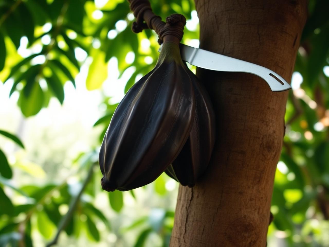 Corte de una mazorca madura con cuchilla curva en un cultivo de cacao