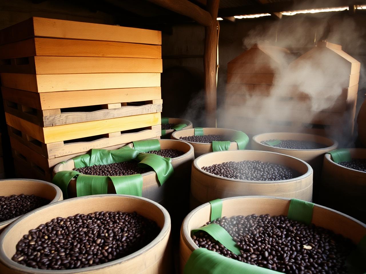 Granos de cacao fermentando en cajones de madera