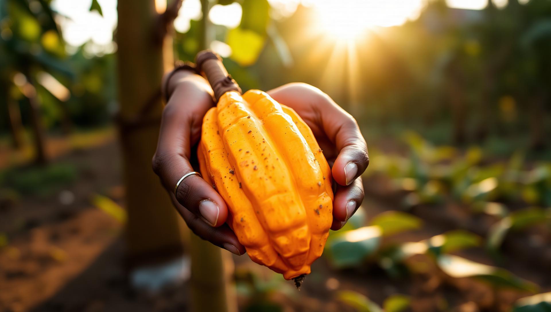 Manos sosteniendo una mazorca de cacao madura recién cosechada