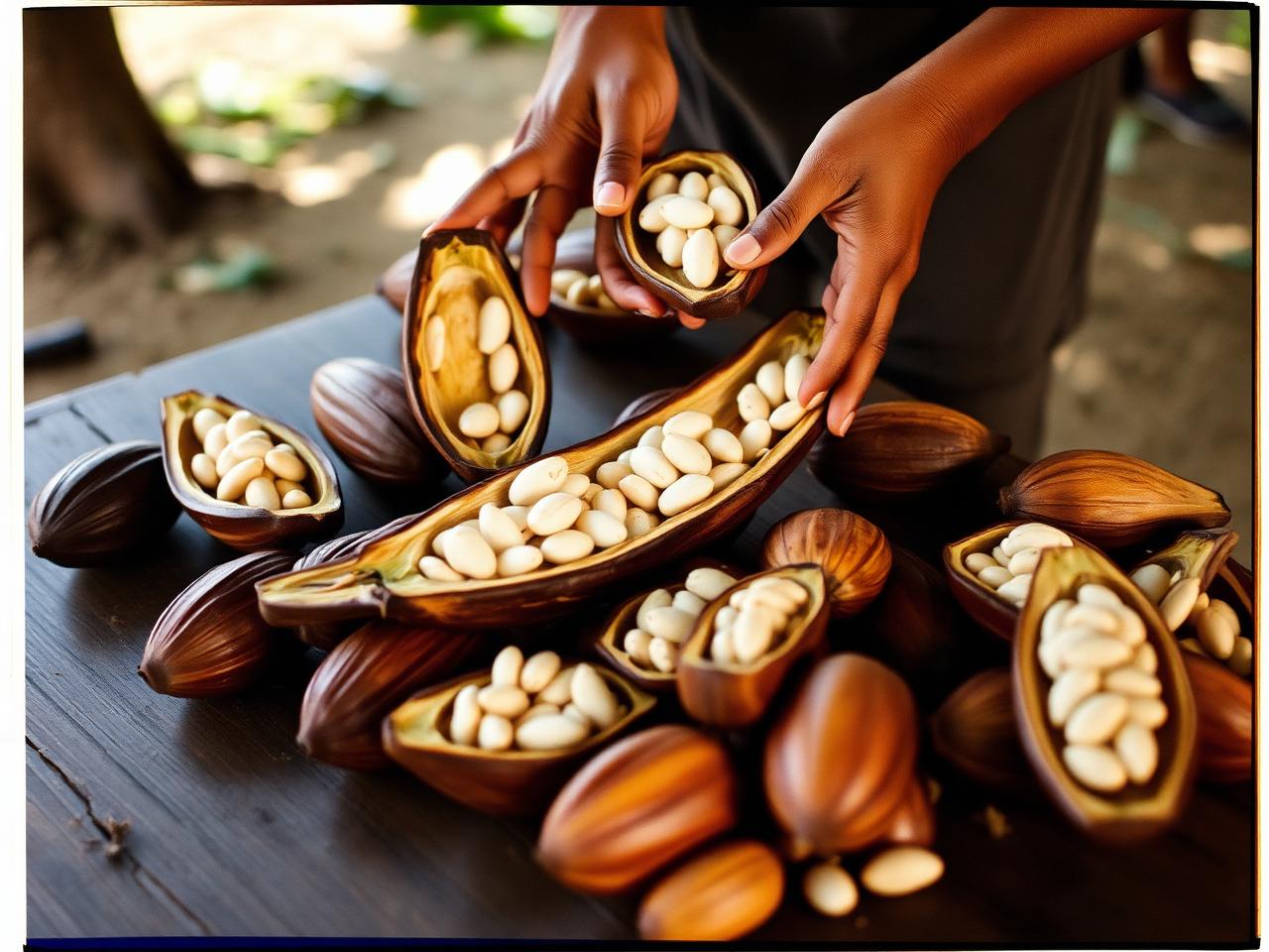 Manos abriendo mazorcas de cacao y extrayendo los granos con pulpa