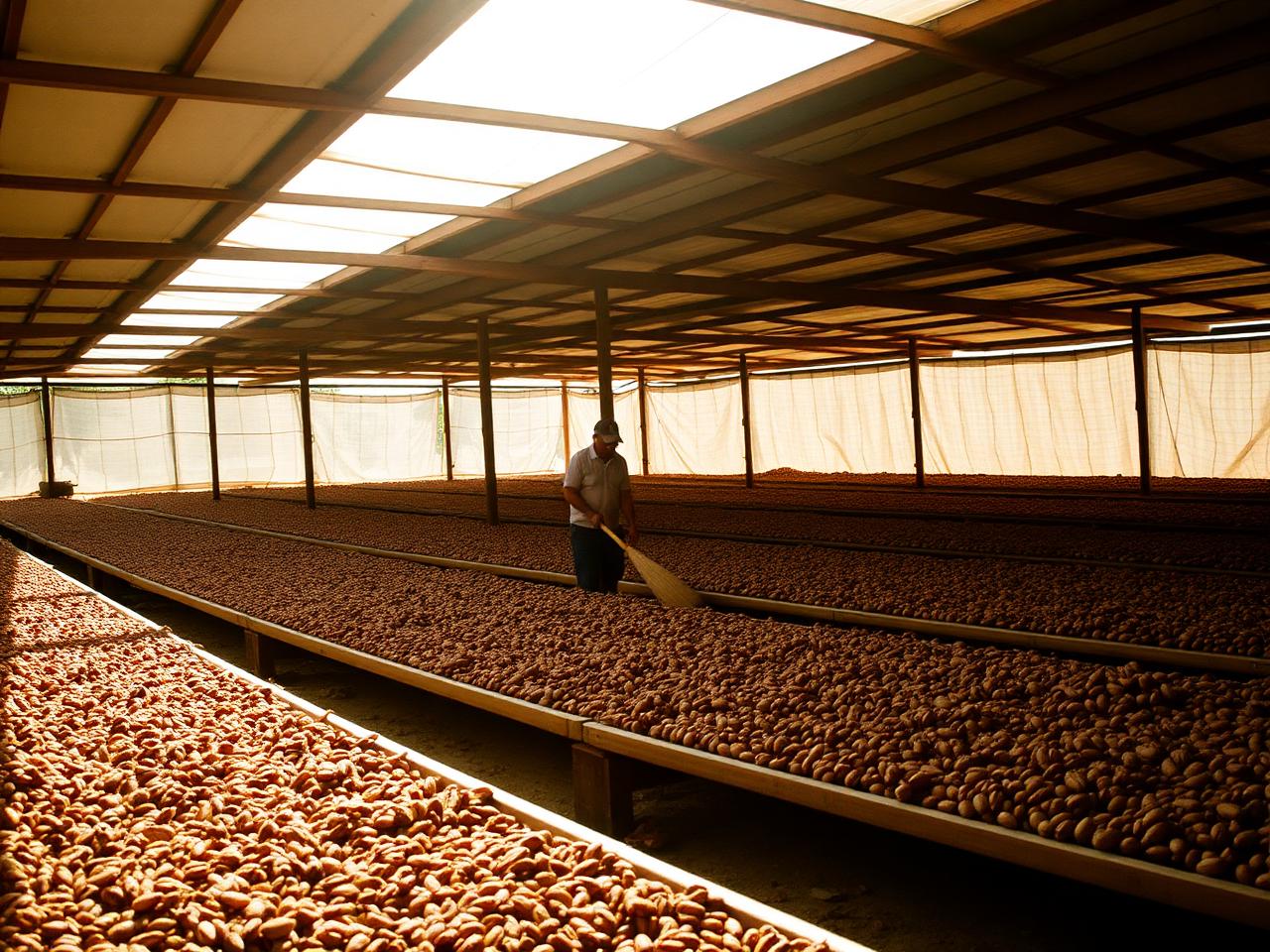 Granos de cacao secándose al sol sobre camas de madera