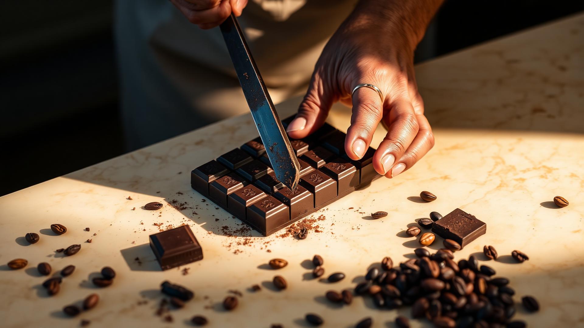 Mesa de taller con granos, nibs, licor de cacao y barras de chocolate colombiano