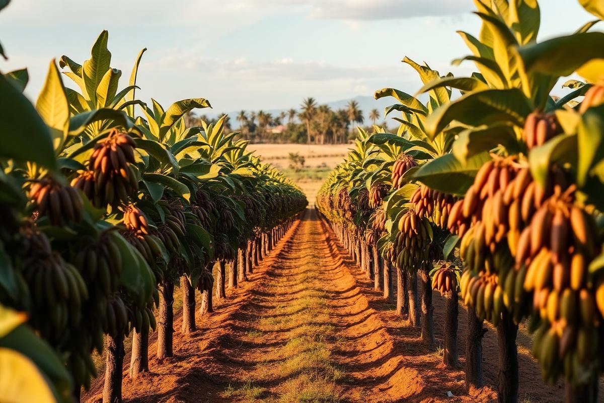 Cultivo de cacao en Meta: productores cosechando mazorcas entre árboles de sombra