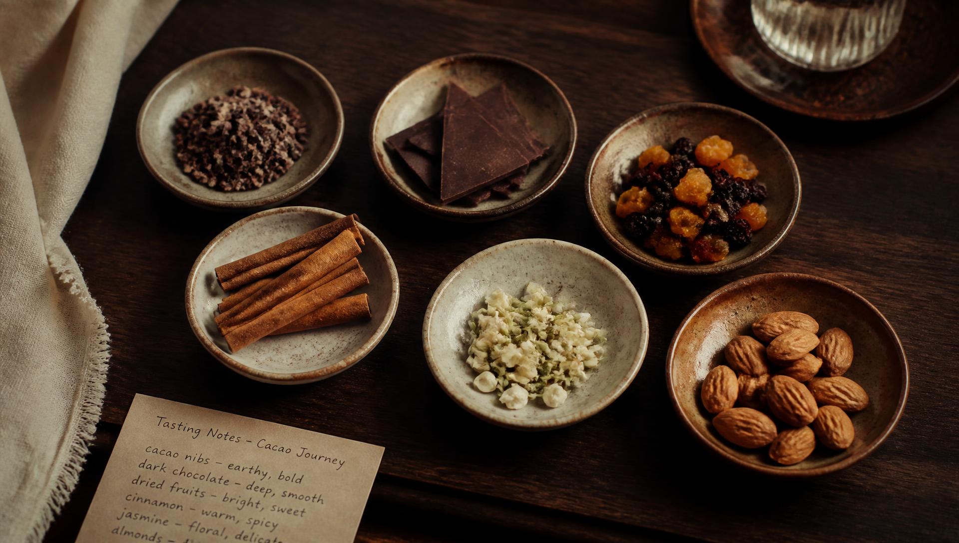 Mesa de cata con nibs de cacao, especias, frutas secas y almendras
