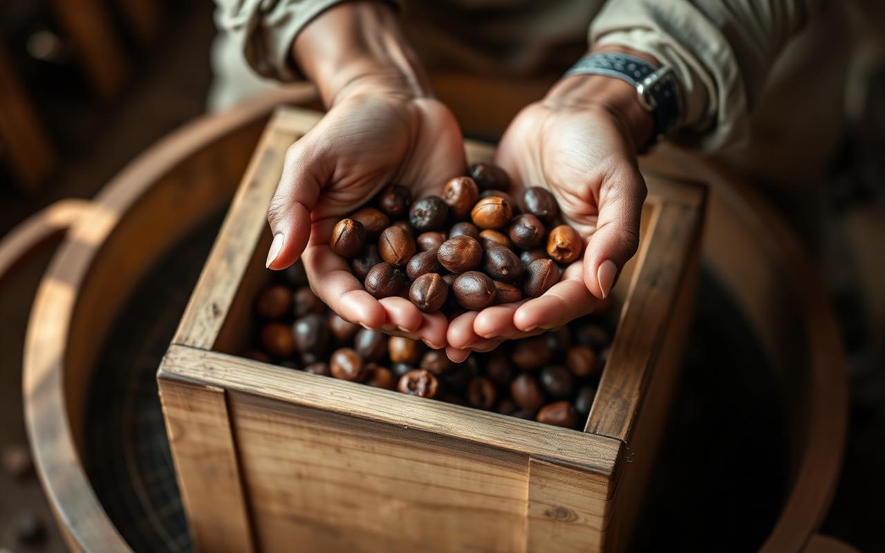 Manos de un productor sosteniendo granos de cacao sobre un cajón de fermentación