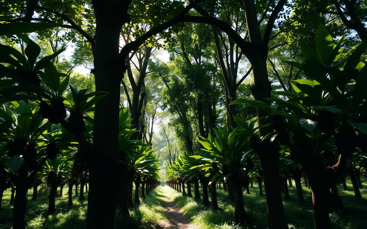 Cacaotal bajo sombra de árboles altos en un sistema agroforestal
