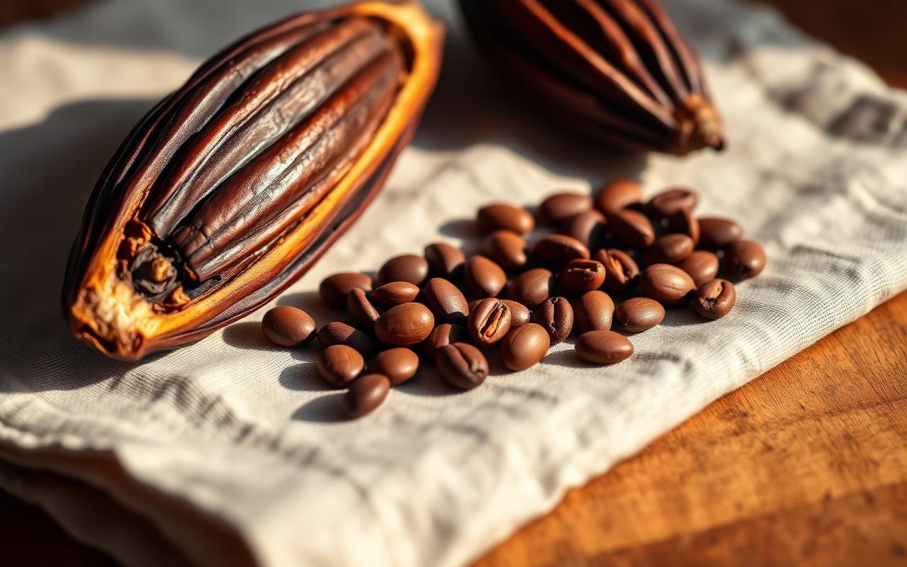 Granos de cacao fino de aroma junto a una mazorca abierta sobre lino crudo