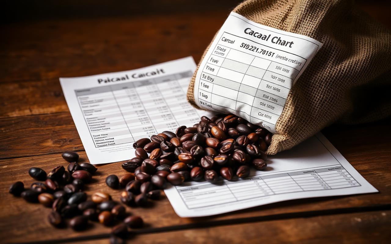 Granos de cacao junto a una tabla de precios sobre una mesa de madera