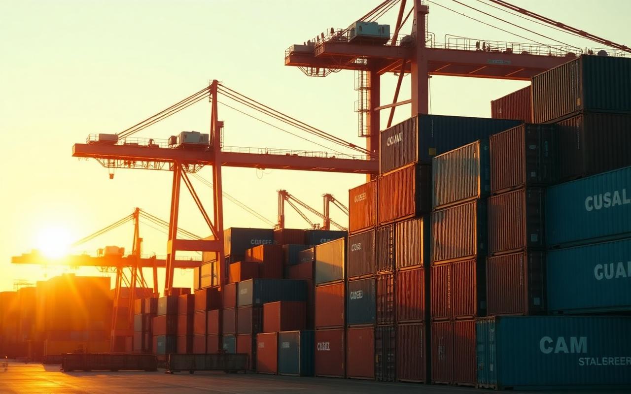 Terminal portuaria con contenedores apilados al atardecer